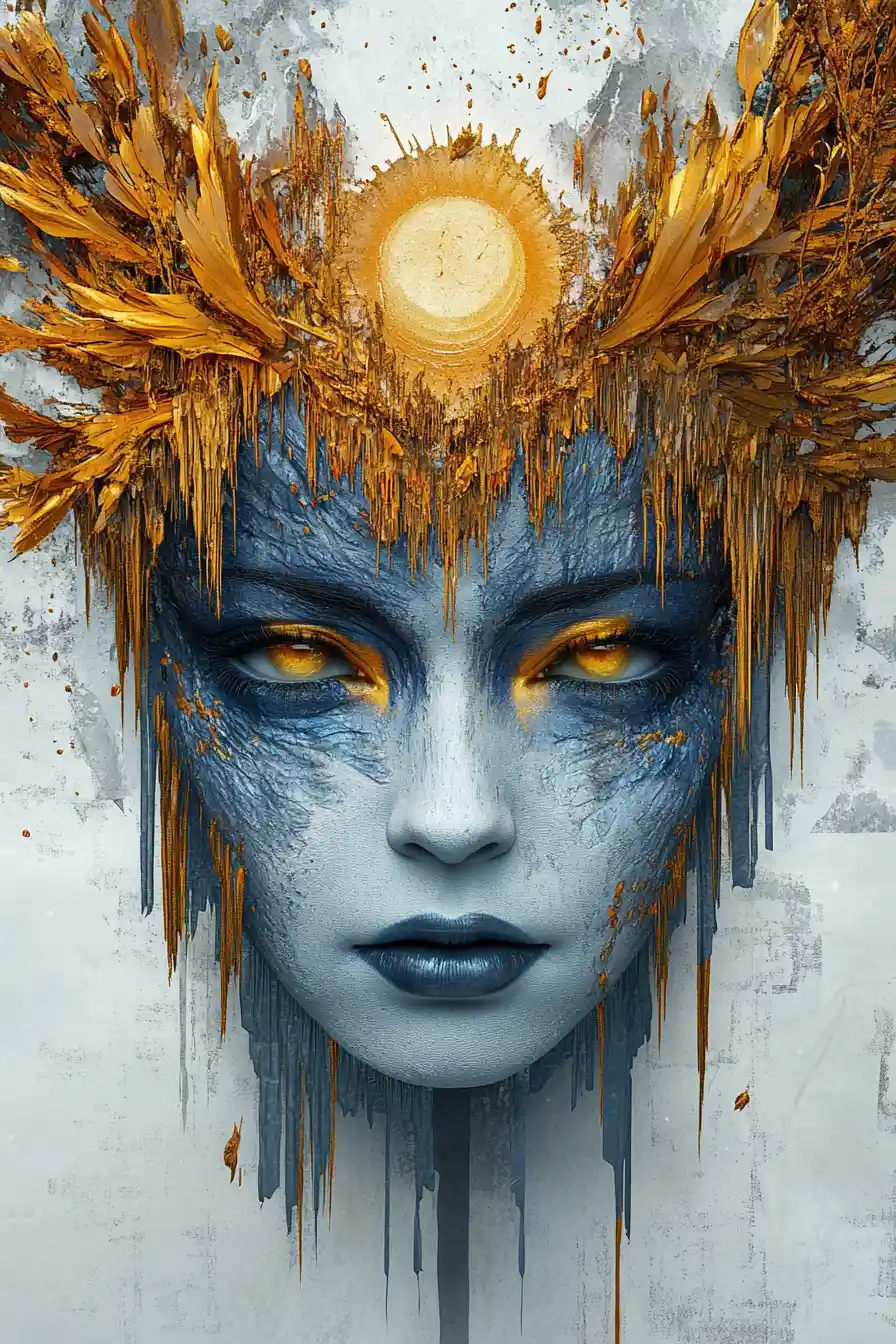 Surreal blue faced woman with golden molten headdress