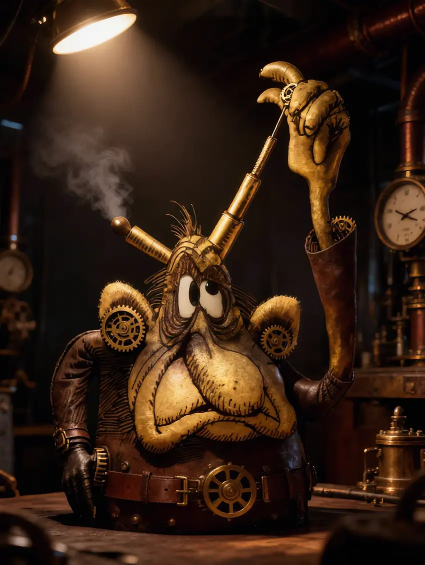 Creatura steampunk fiabesca con lungo naso e corna retrattili