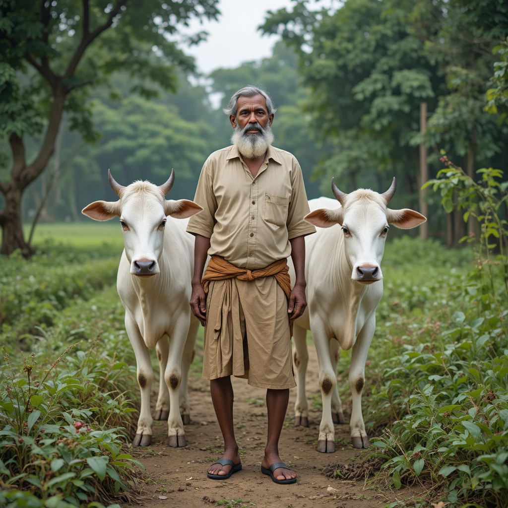 Village farmer in lungi walking to his rural farm