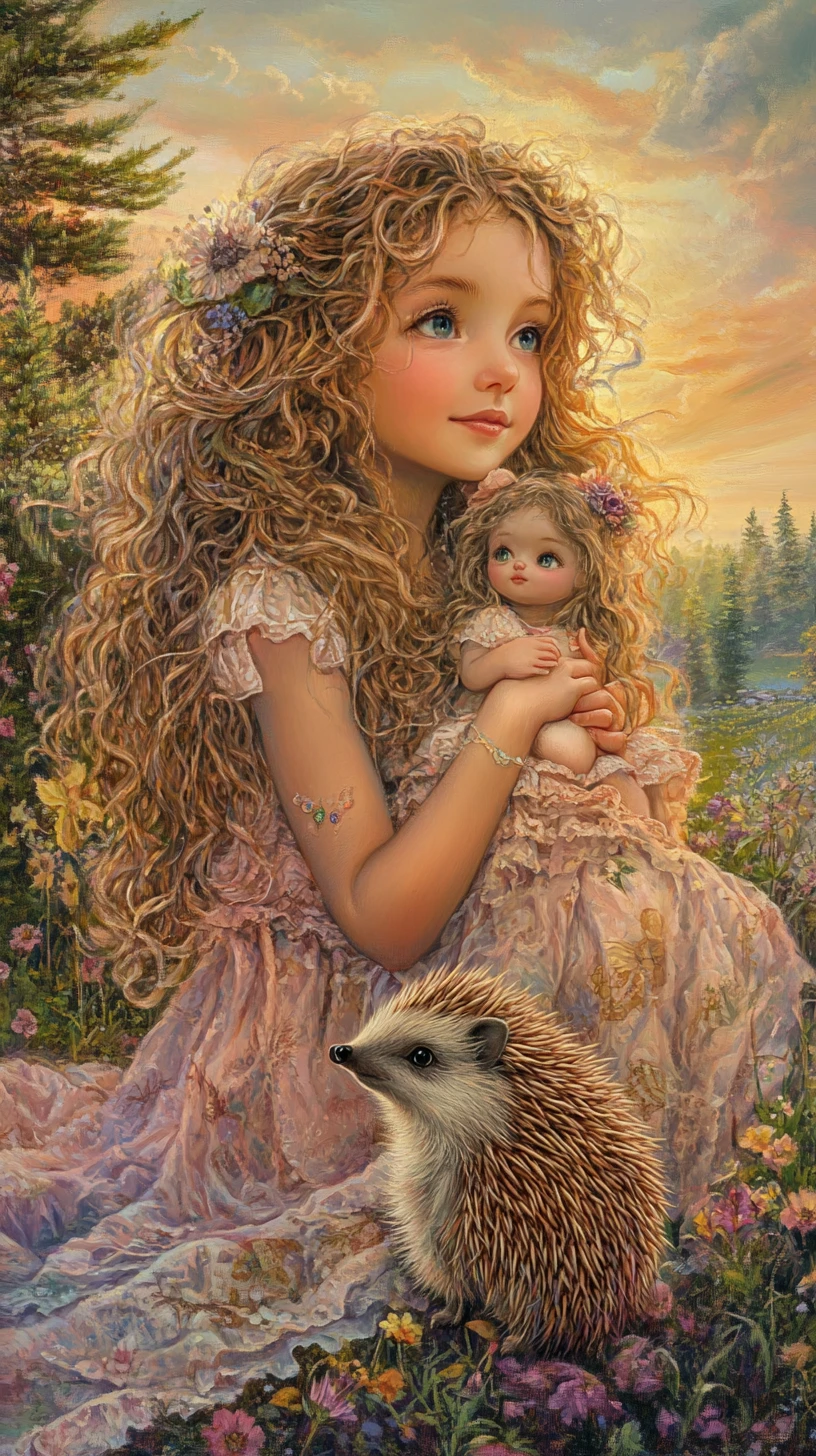 Cheerful girl with doll in a dreamy summer forest