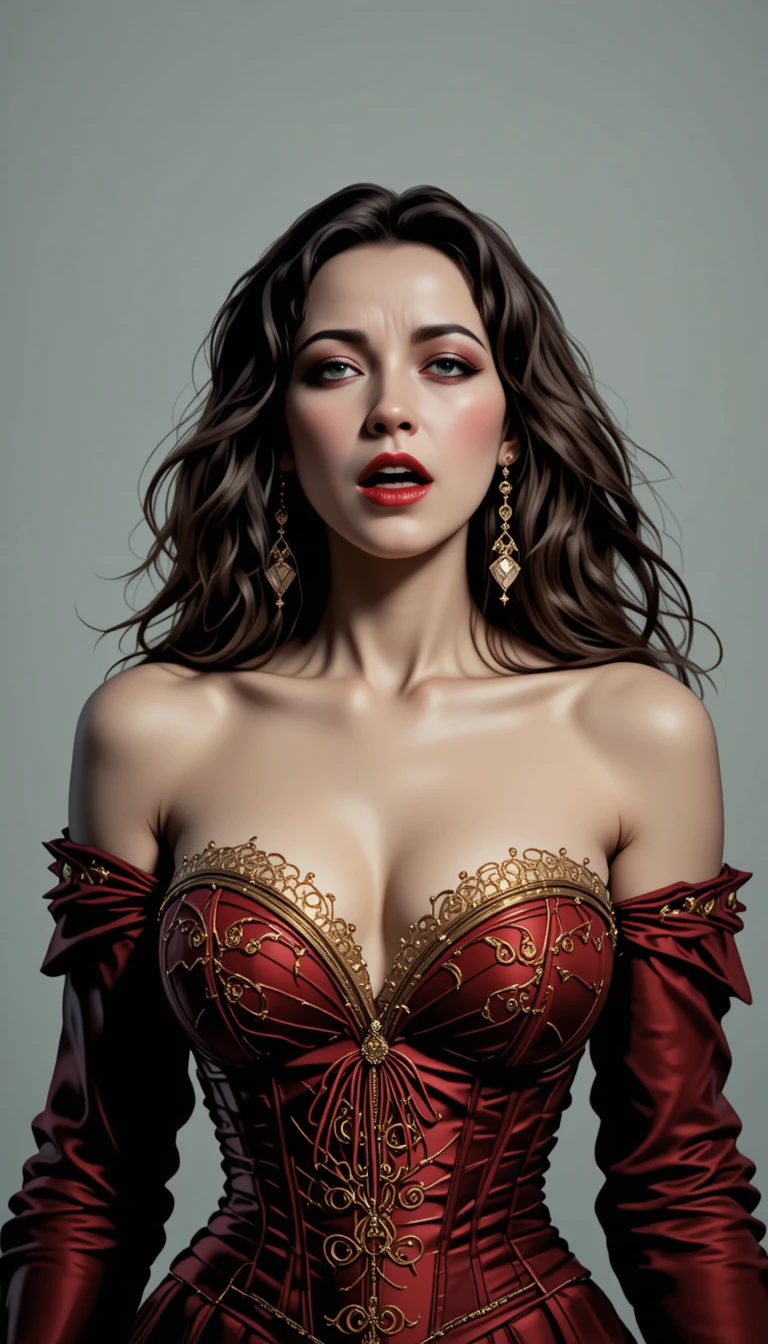 Vampire woman with crimson lips in scarlet corset portrait