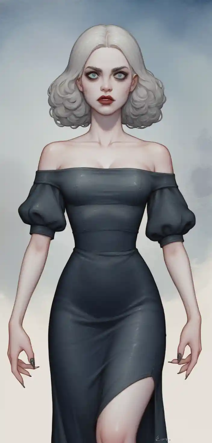 Woman in black dress standing in a blue fantasy cemetery
