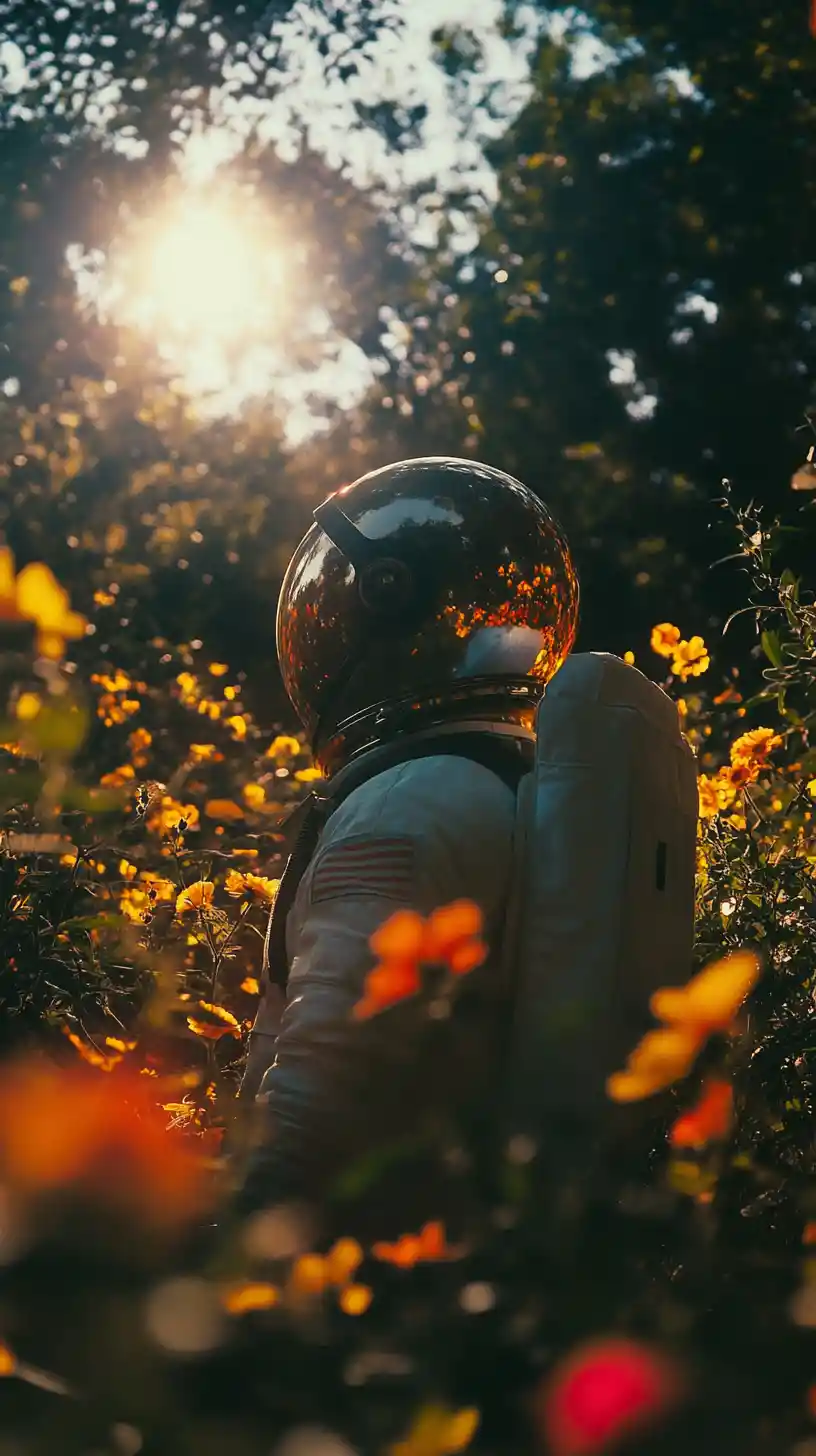 Astronaut Silhouette Standing In A Peaceful Flower Garden