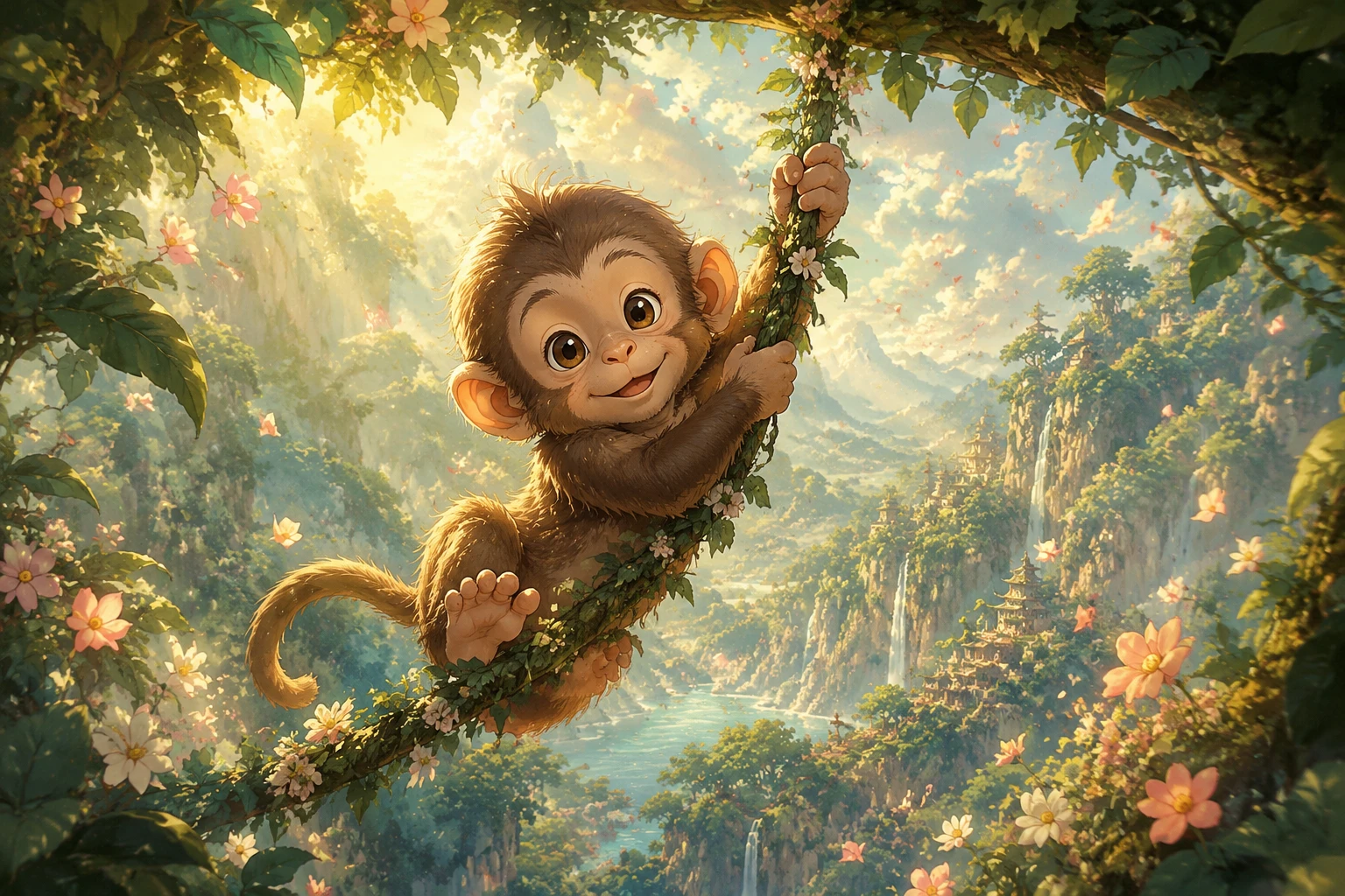 Baby monkey swinging on a vine in a soft jungle scene