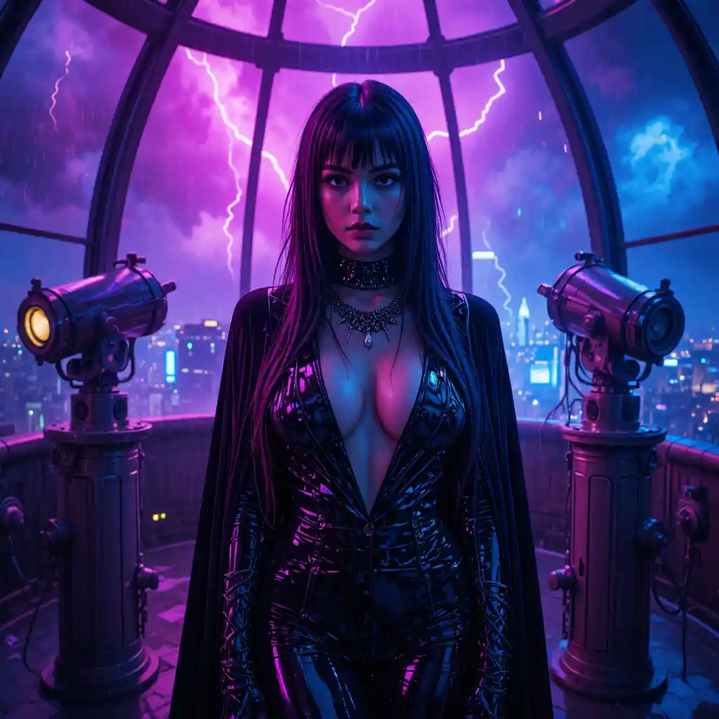 Cyberpunk femme fatale in neon lit rooftop observatory