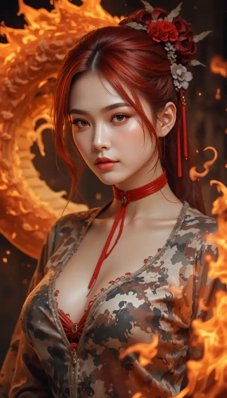 Asian woman in torn camouflage shirt with fire dragon