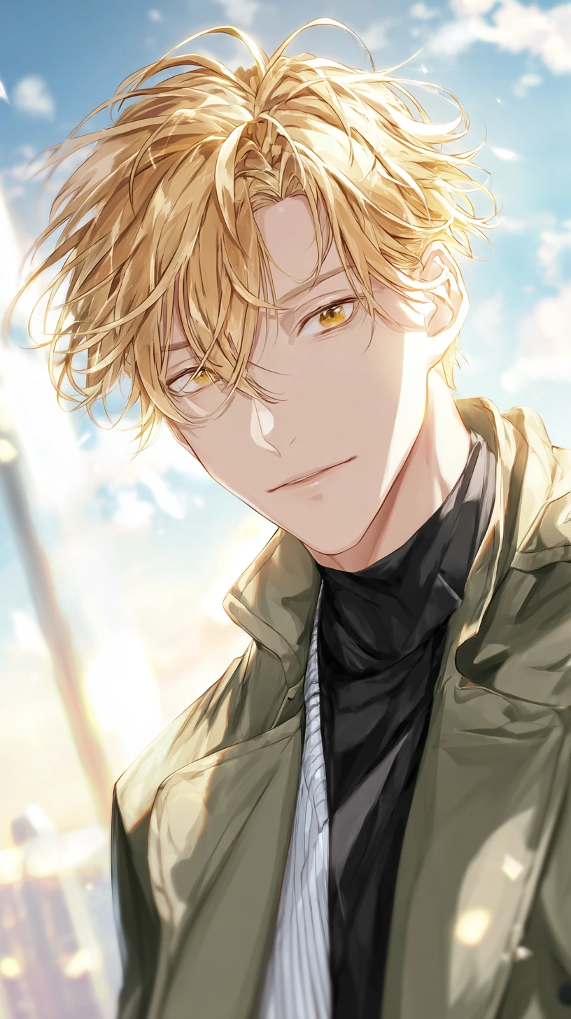 Confident anime man standing outdoors in morning sunlight