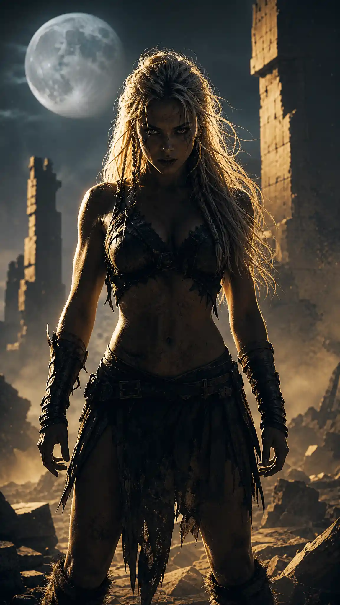 Fierce nordic warrior woman in moonlit ruined landscape