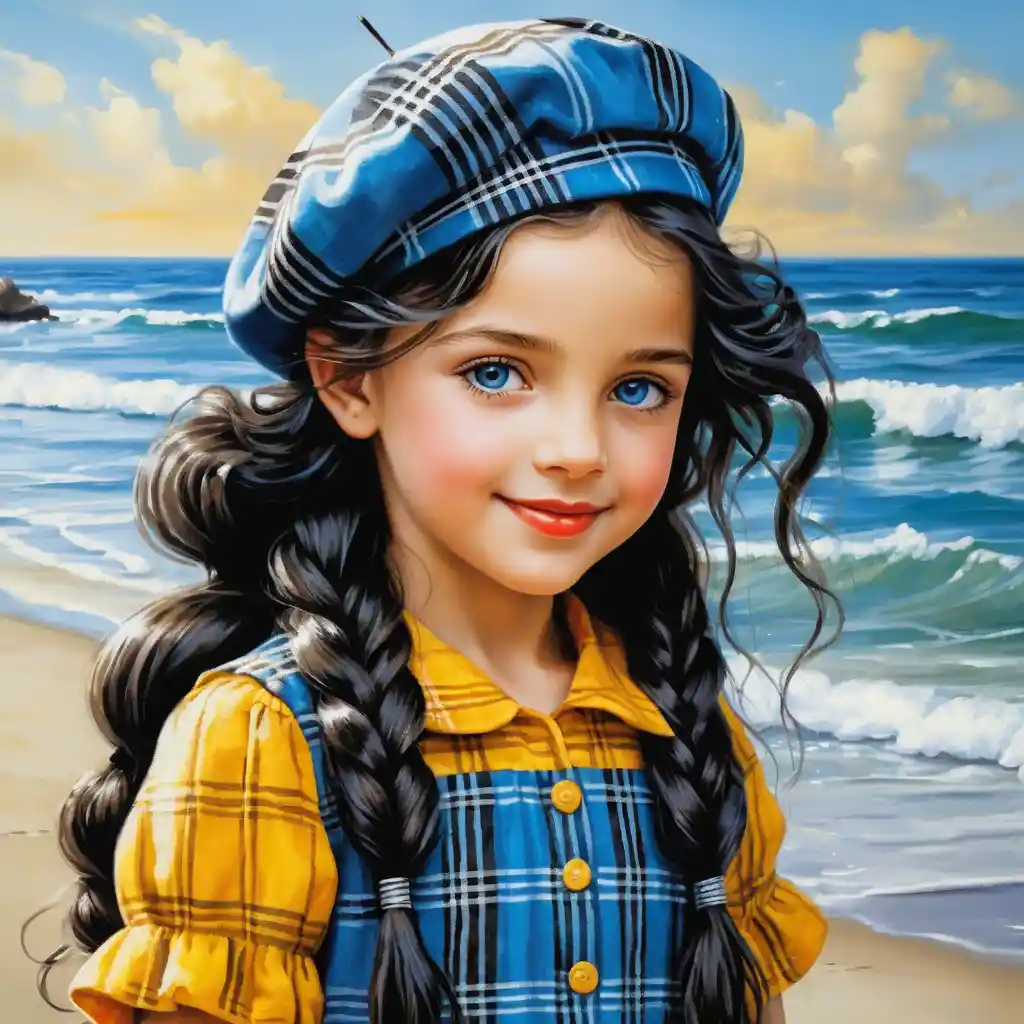 Smiling Girl In Plaid Beret With Long Curly Black Hair