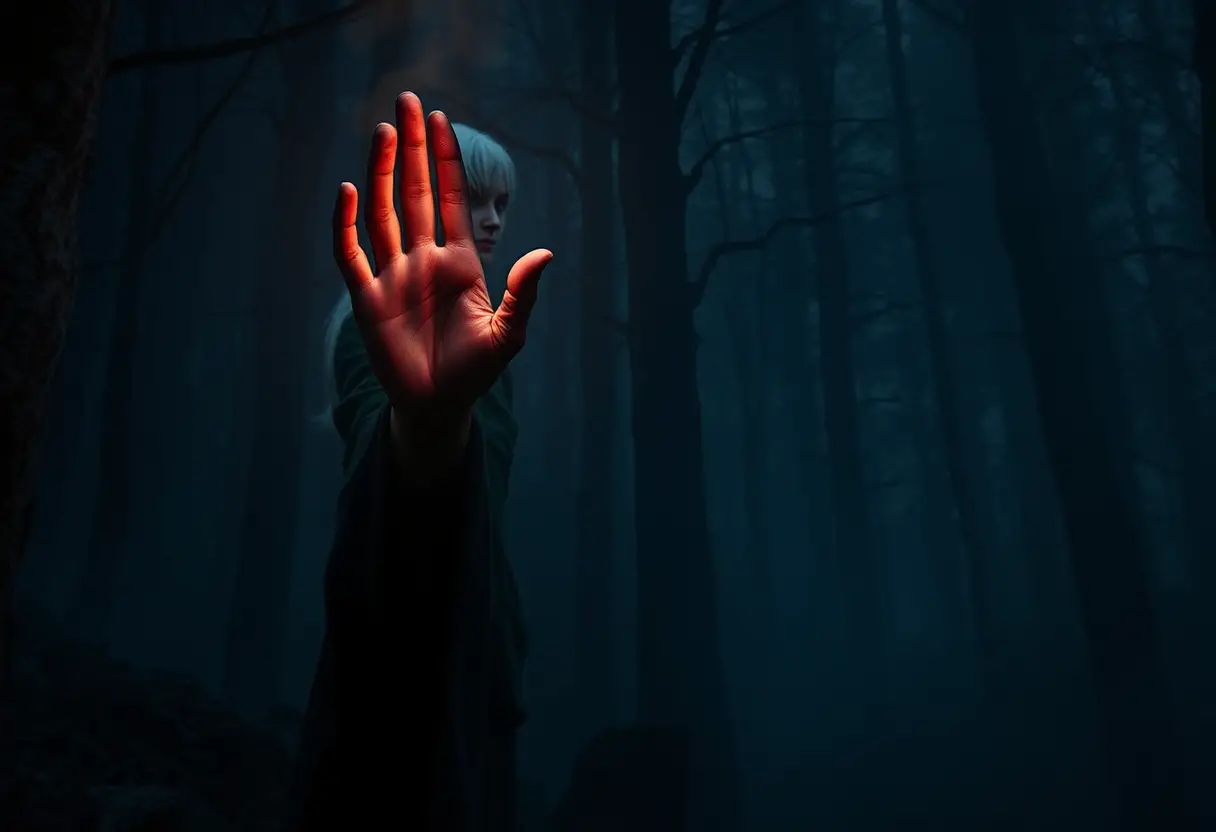 Baba Yaga se enfrenta a un joven en el borde de un bosque oscuro