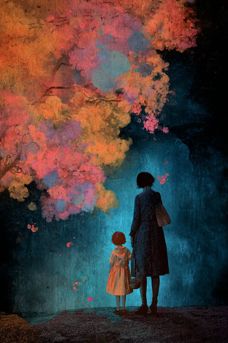 Whimsical mixed media fantasy scene with dynamic contrast