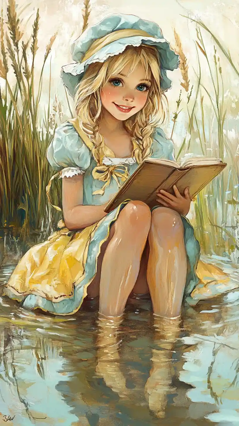 Smiling Blonde Girl By The Water In Vintage Dress