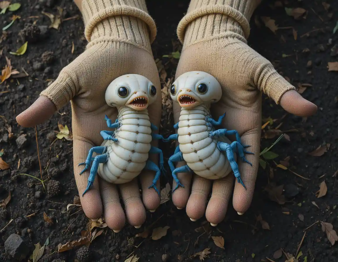Gloved hands holding white grubs above dark garden soil