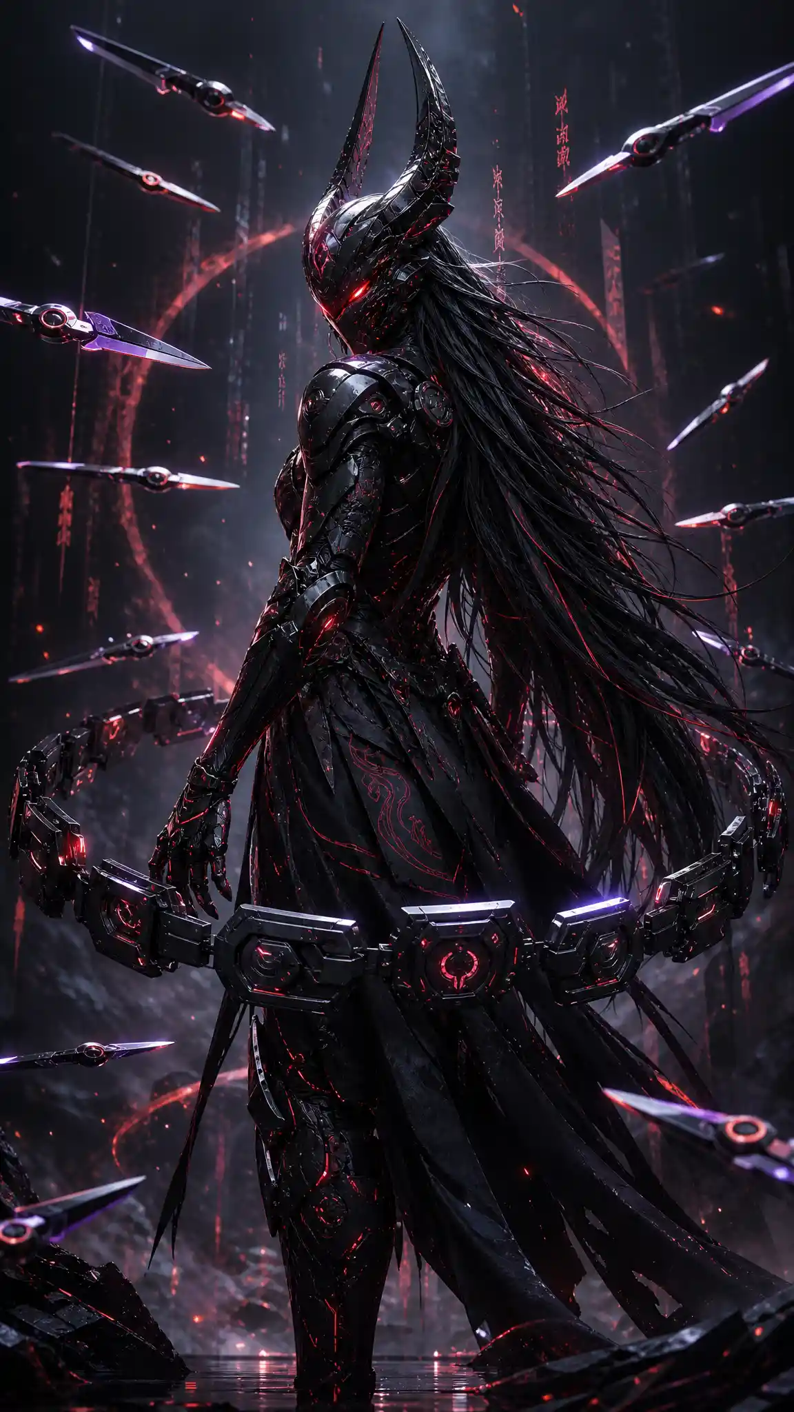 Cybernetic warrior woman with horned helmet and hovering blades