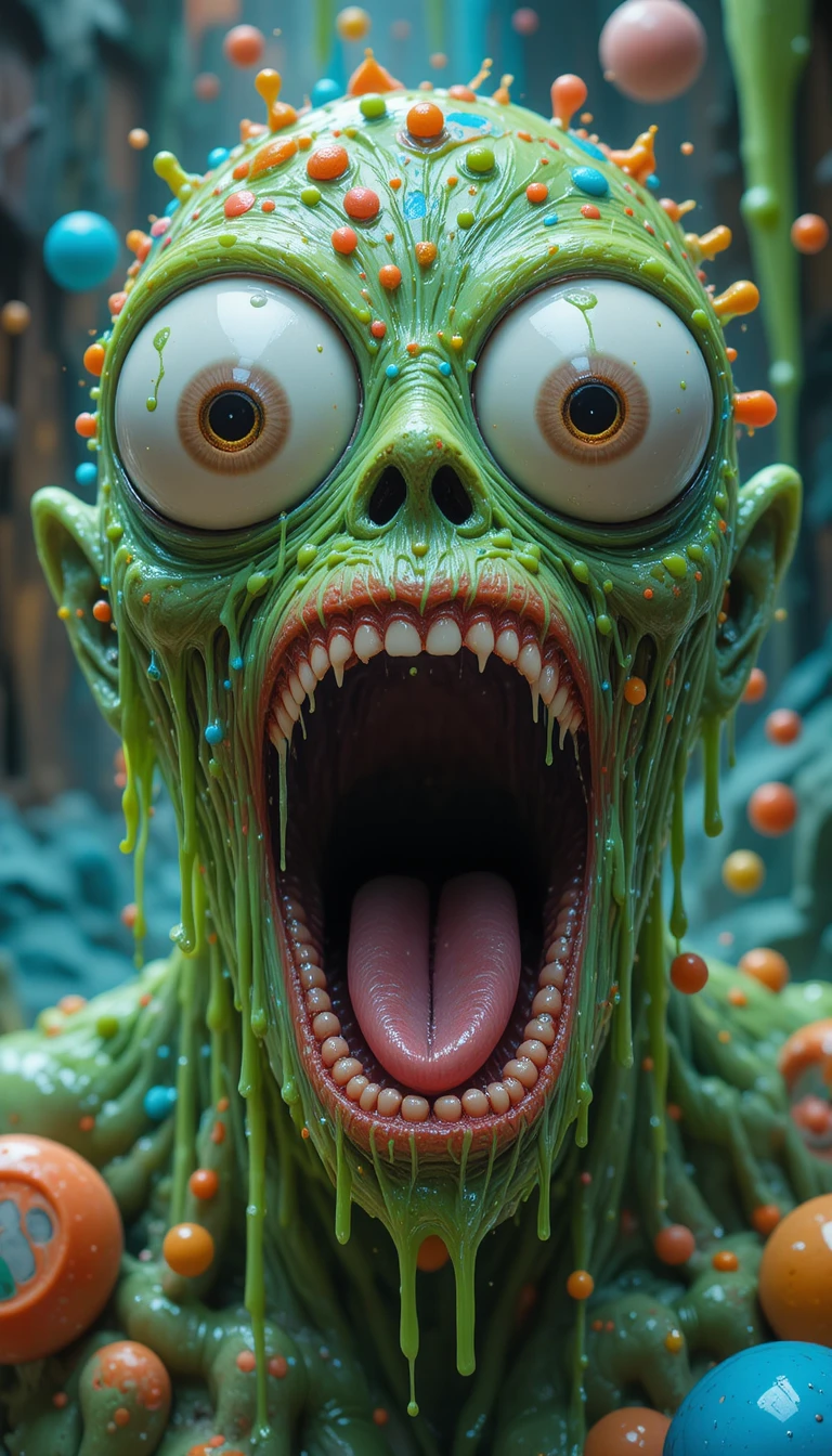 Green slime monster in surreal dripping digital art