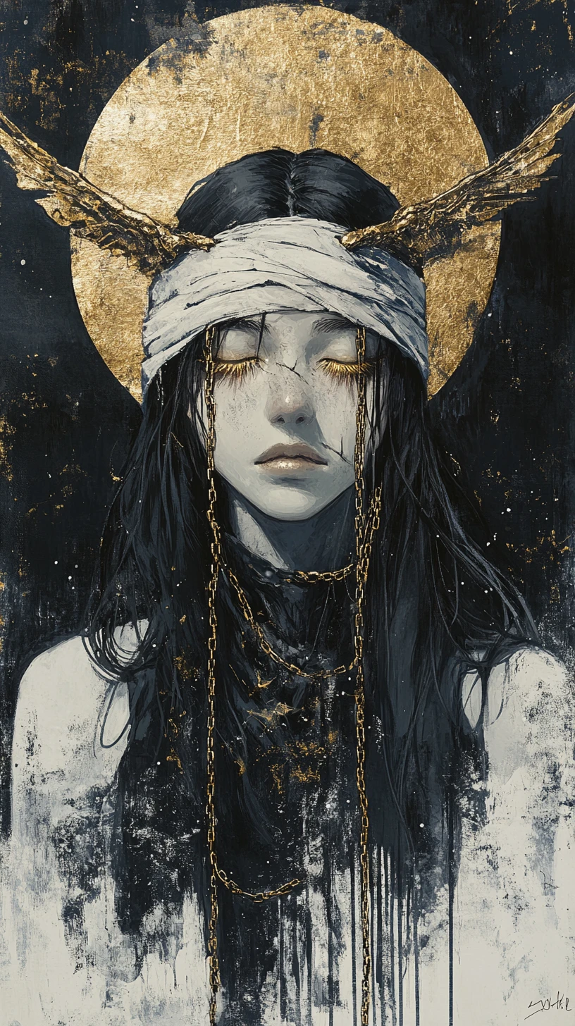 Bandaged fantasy girl with demon wings in snowy ruins