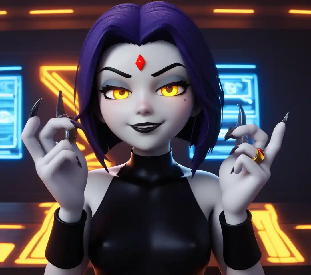 Futuristic anime sorceress holding a gray baby in neon city