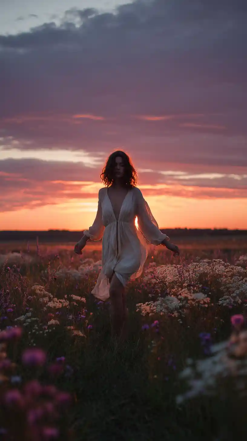 Woman walking through wildflowers in soft dusk light