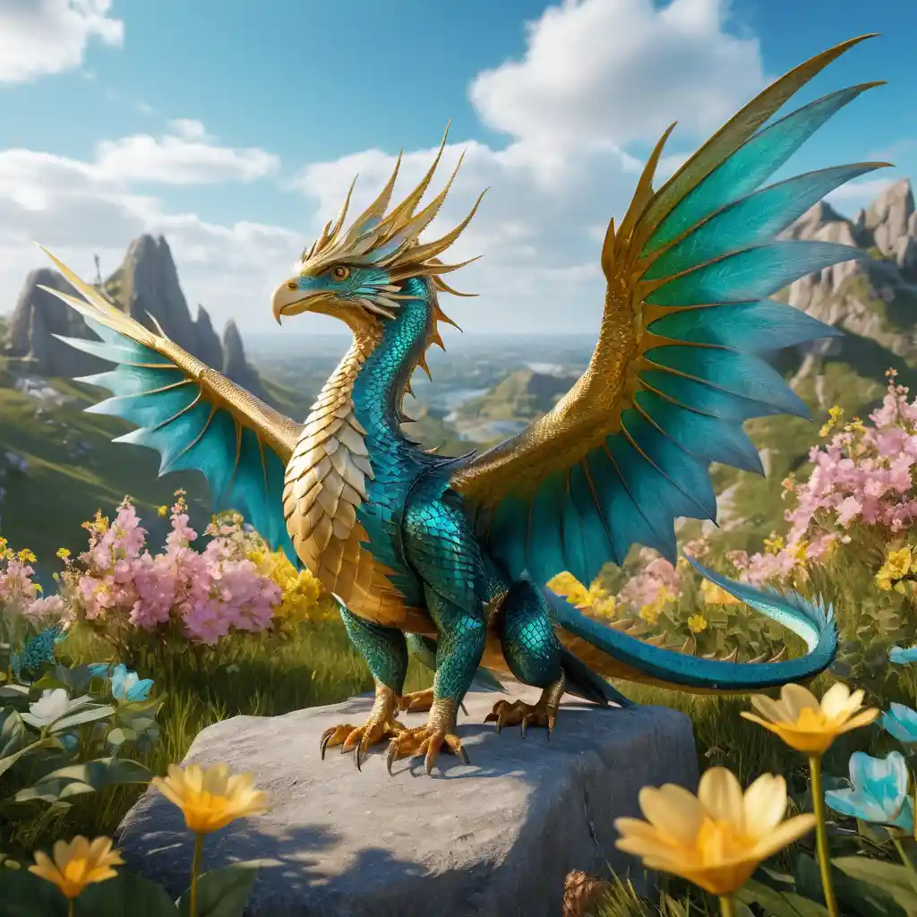 Majestic dragon dove hybrid in a vibrant spring landscape