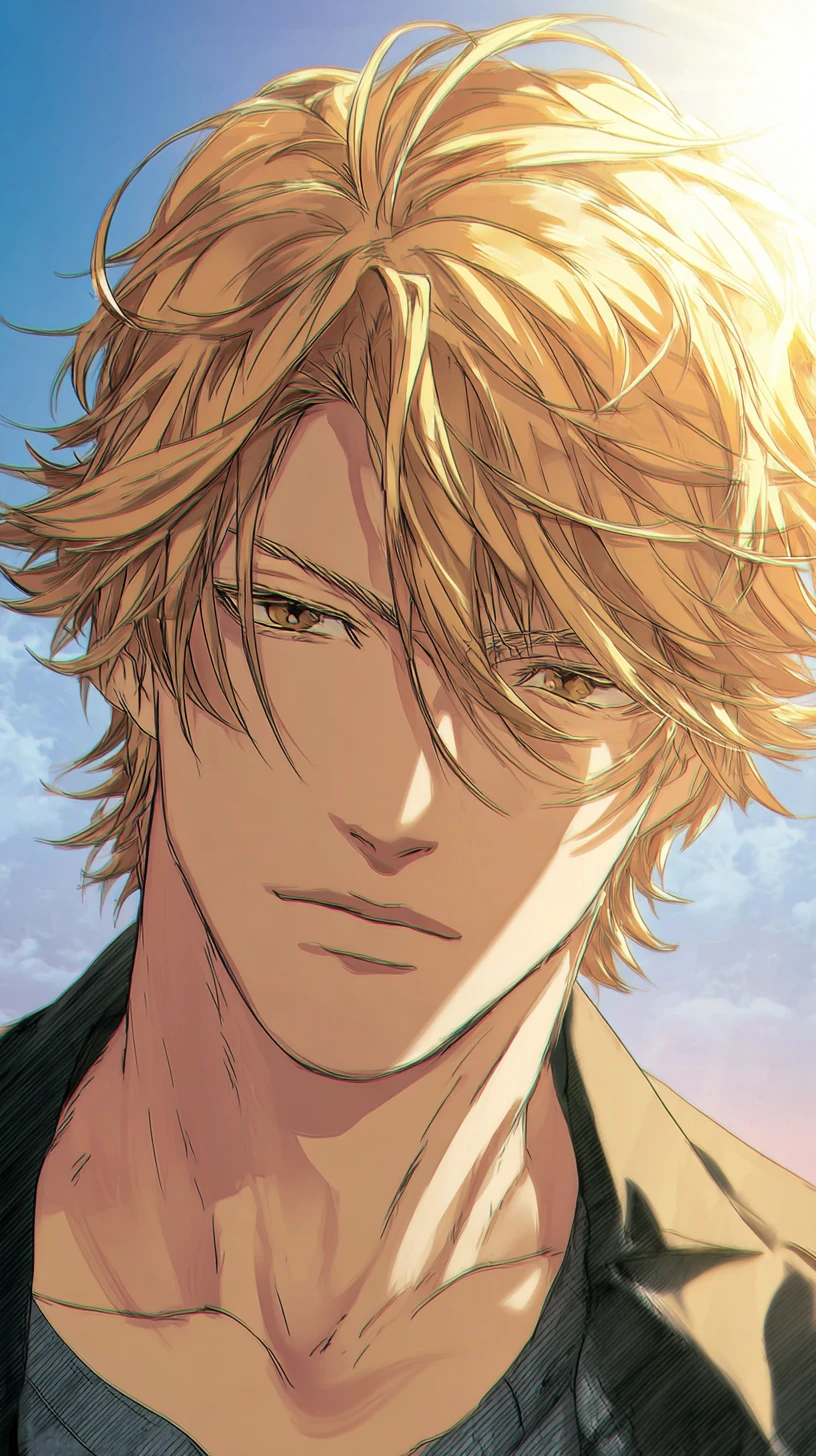 Golden haired anime man standing in sunrise landscape