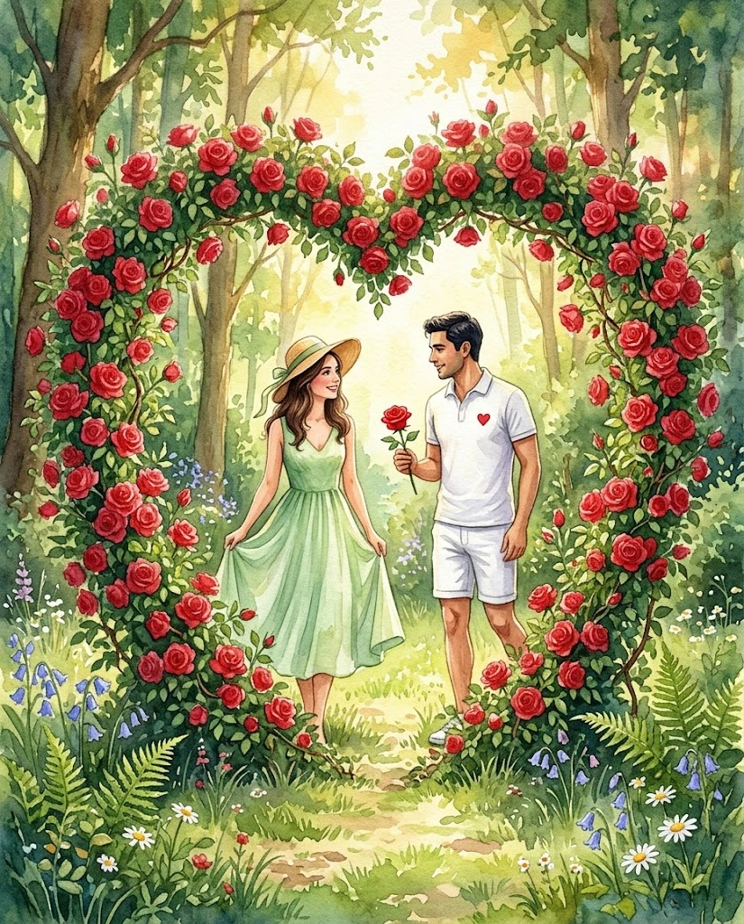 Romantic couple meeting at a rose heart portal in forest