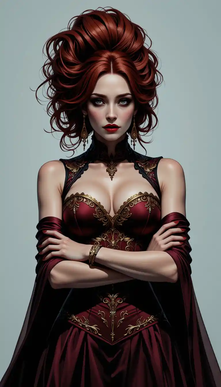 Auburn haired vampire woman in scarlet corset portrait