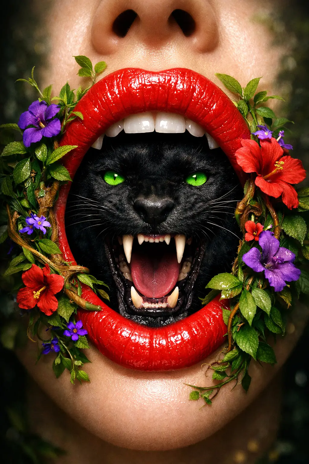 Surreal close up of red lips with a black panther emerging