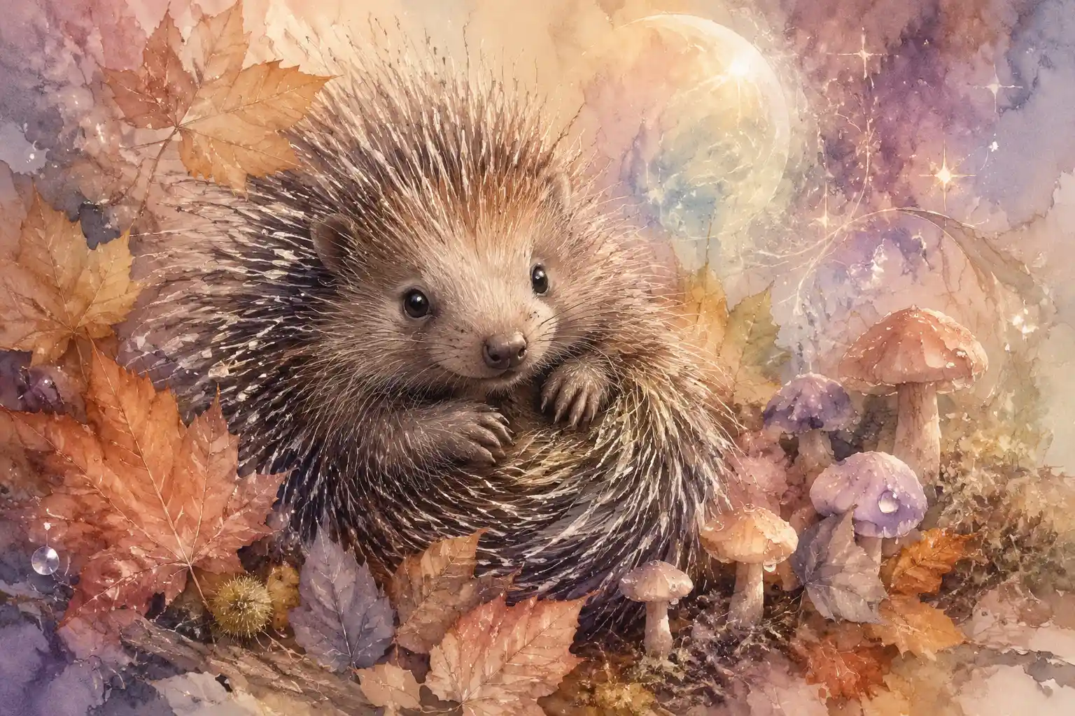 Watercolor baby porcupine resting among autumn leaves and mushrooms