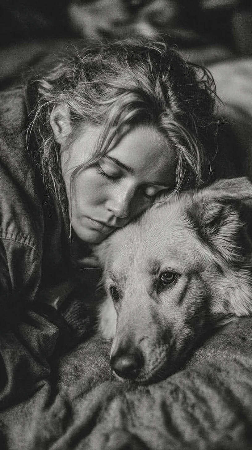 Woman lying on the floor beside her sick dog