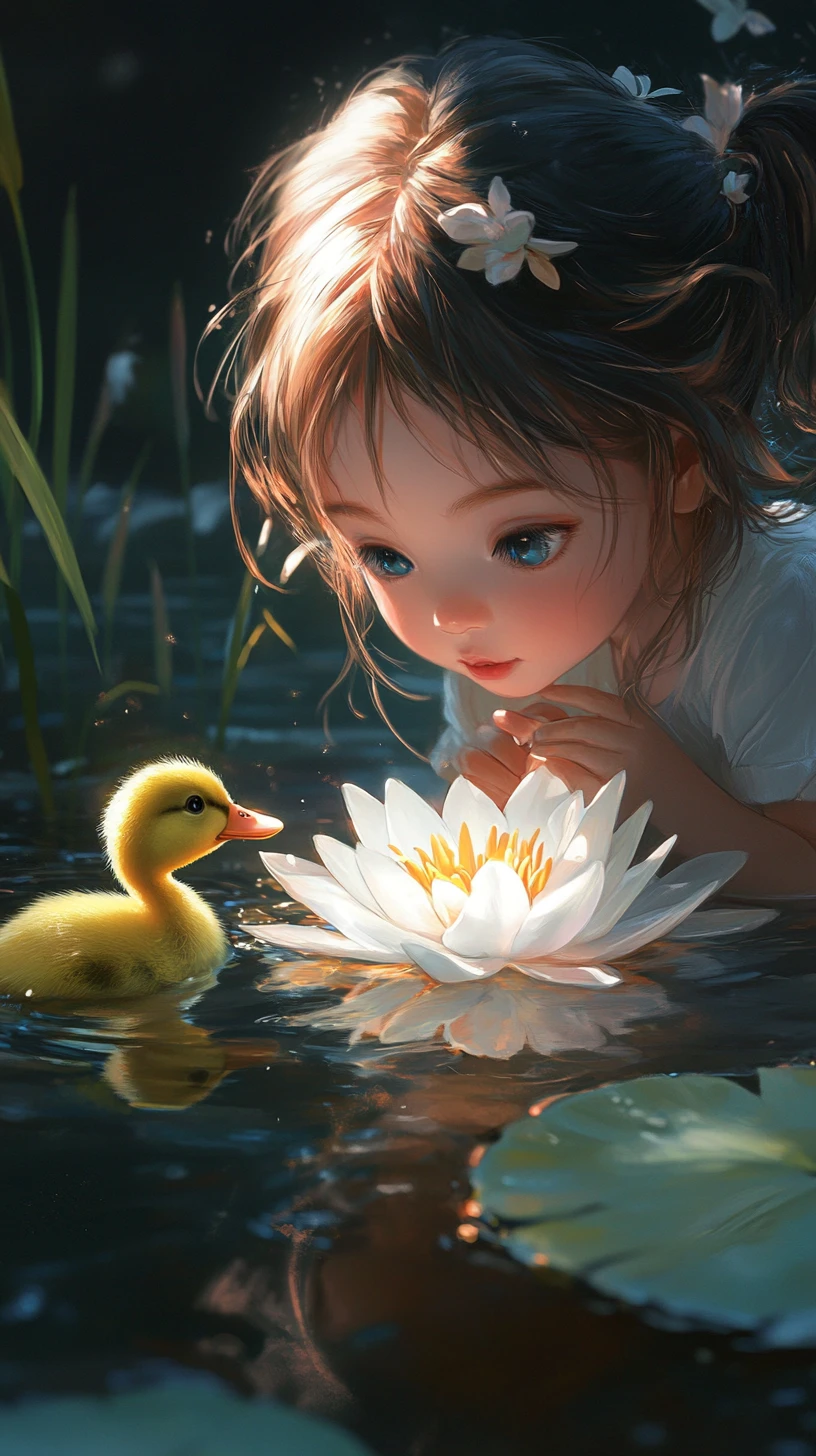 Anime girl leaning toward duckling on glowing water lily