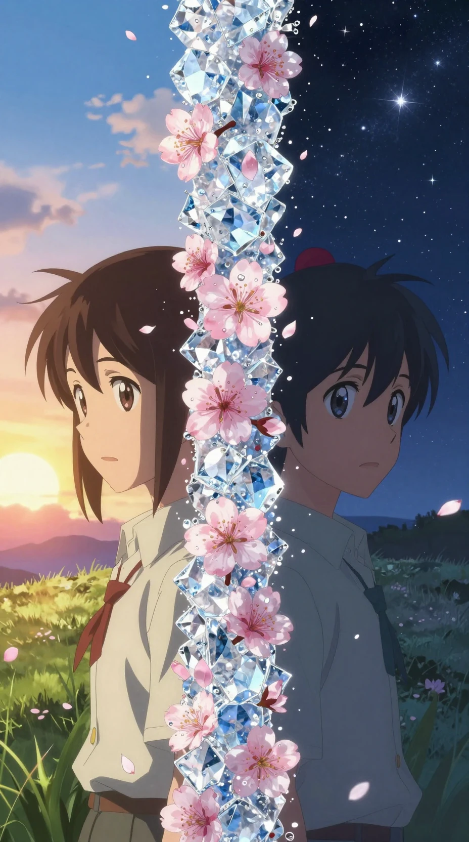 Chico y chica de anime separados por un velo de cristal reluciente