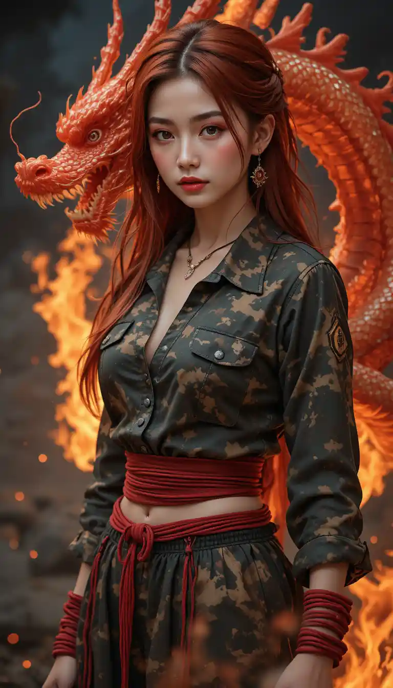 Asian woman with torn camouflage shirt and red dragon