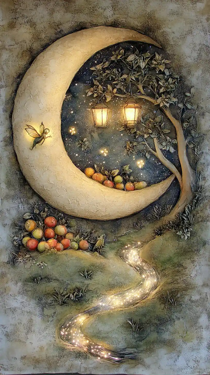 Crescent Moon World With Magical Orchard And Fairies