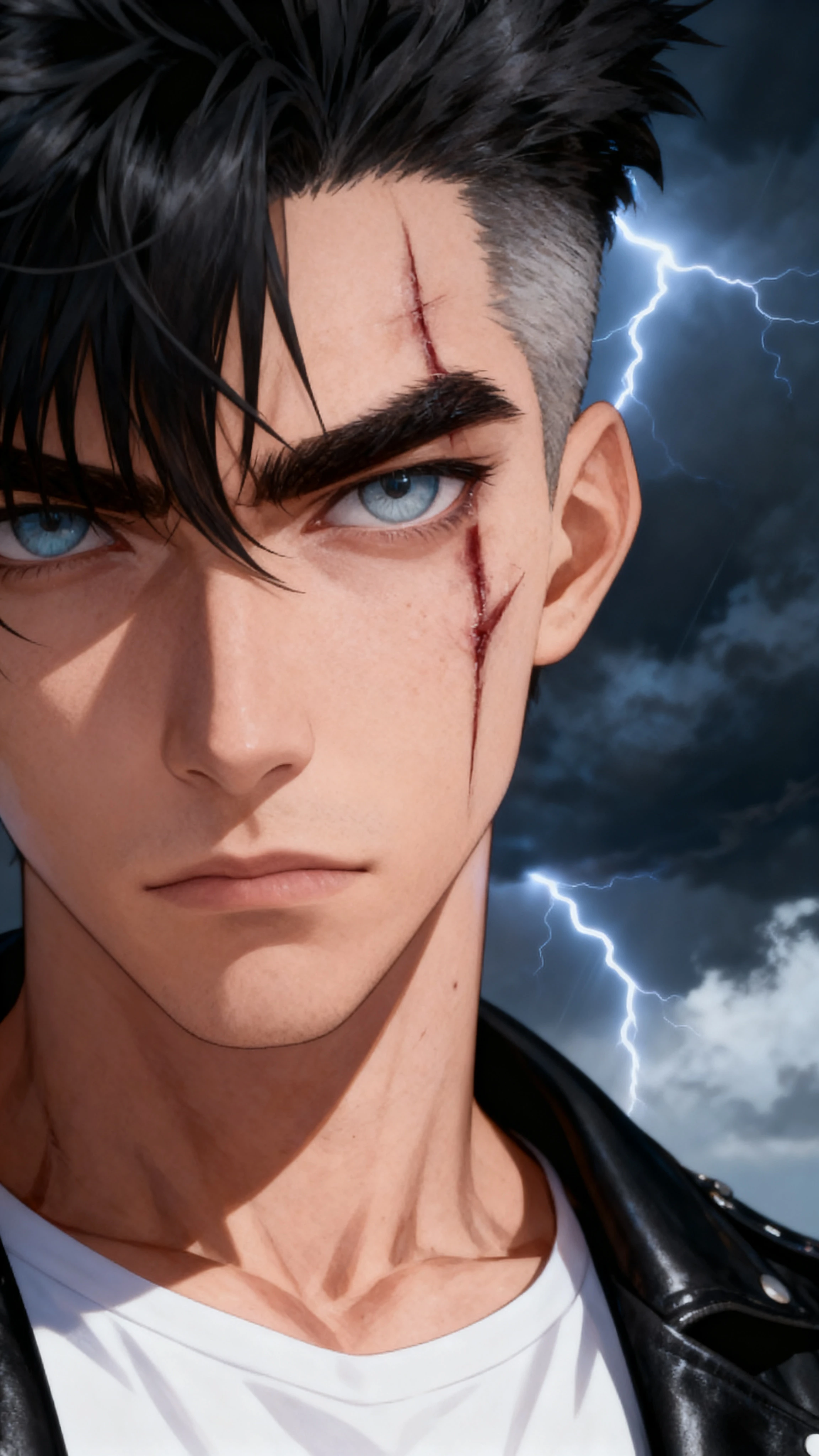 Hombre intenso y con cicatrices de pie al aire libre en estilo manhwa