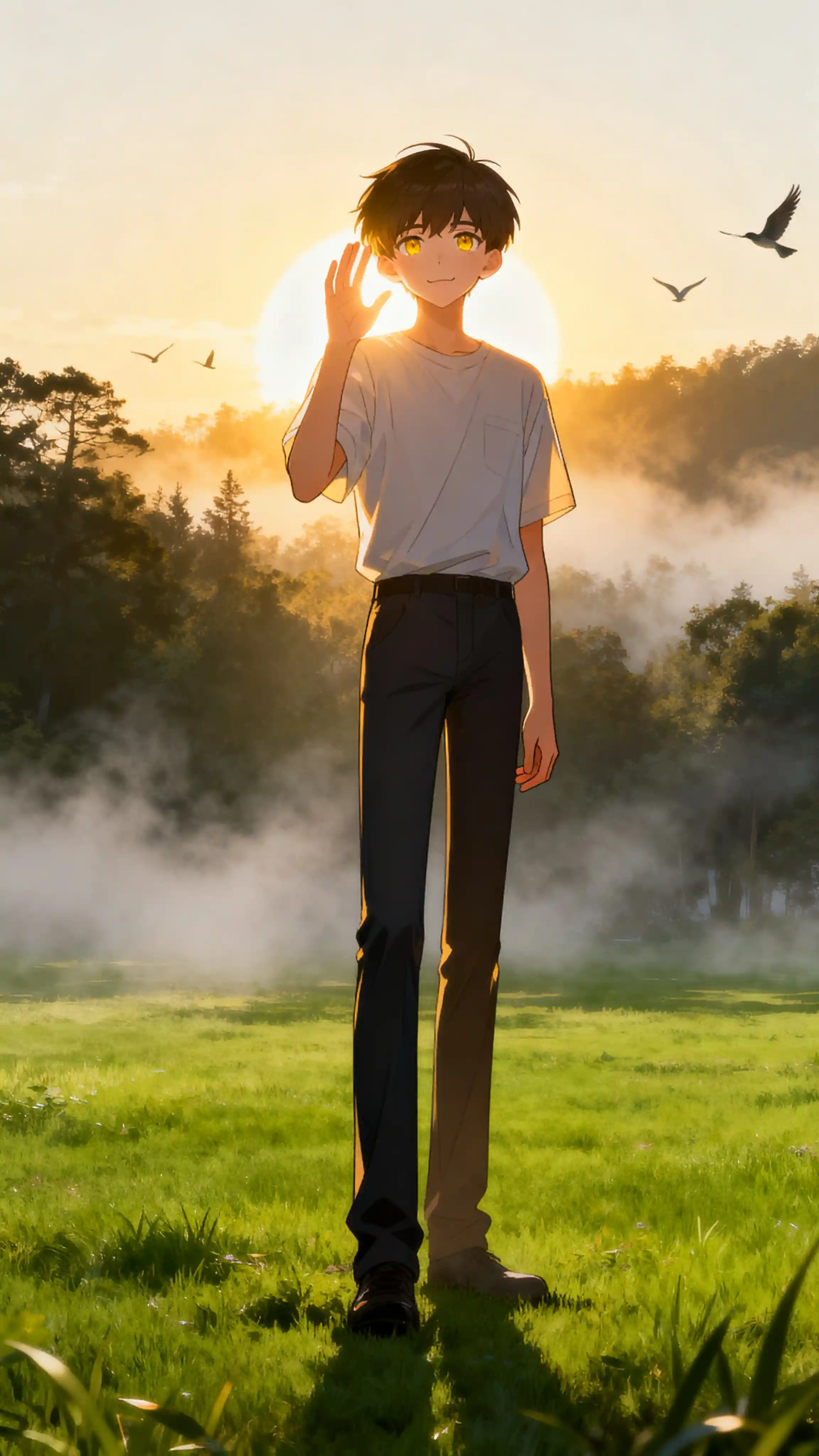 Confident golden haired man standing outdoors at sunrise