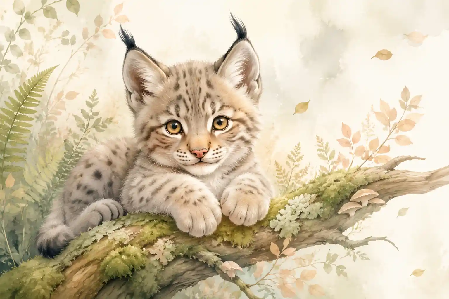Cute baby lynx resting on a mossy forest branch