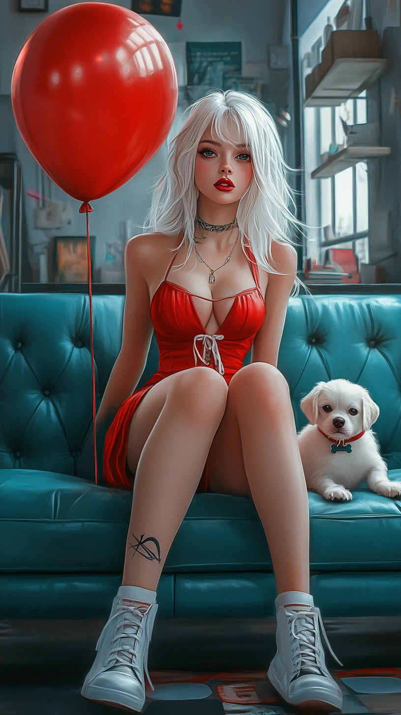 Anime woman with red balloon on teal sofa in loft