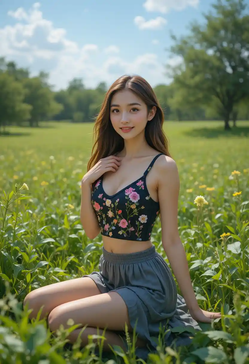 Smiling young woman in floral top in sunny green field