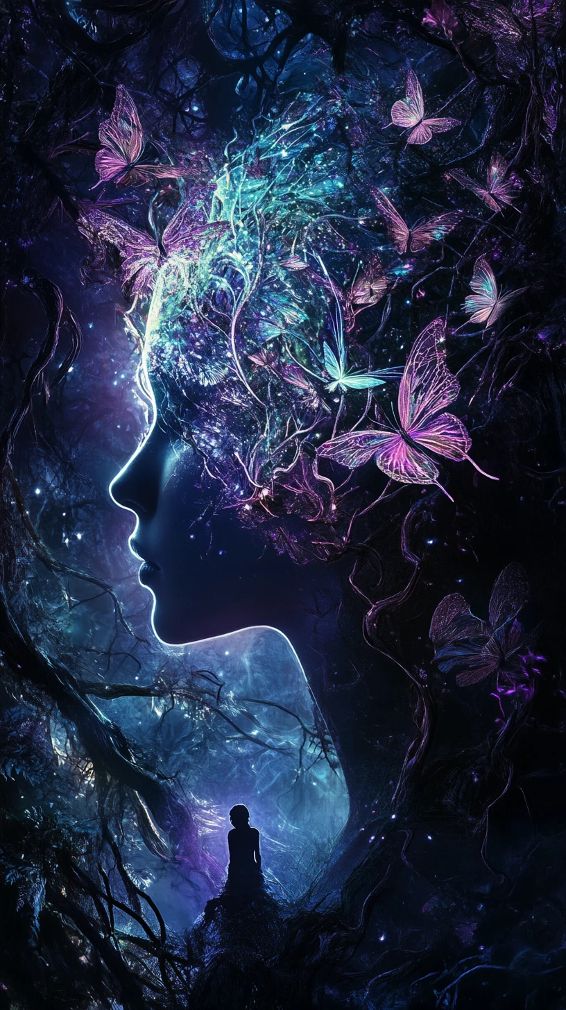 Bioluminescent fairies forming a surreal female profile silhouette