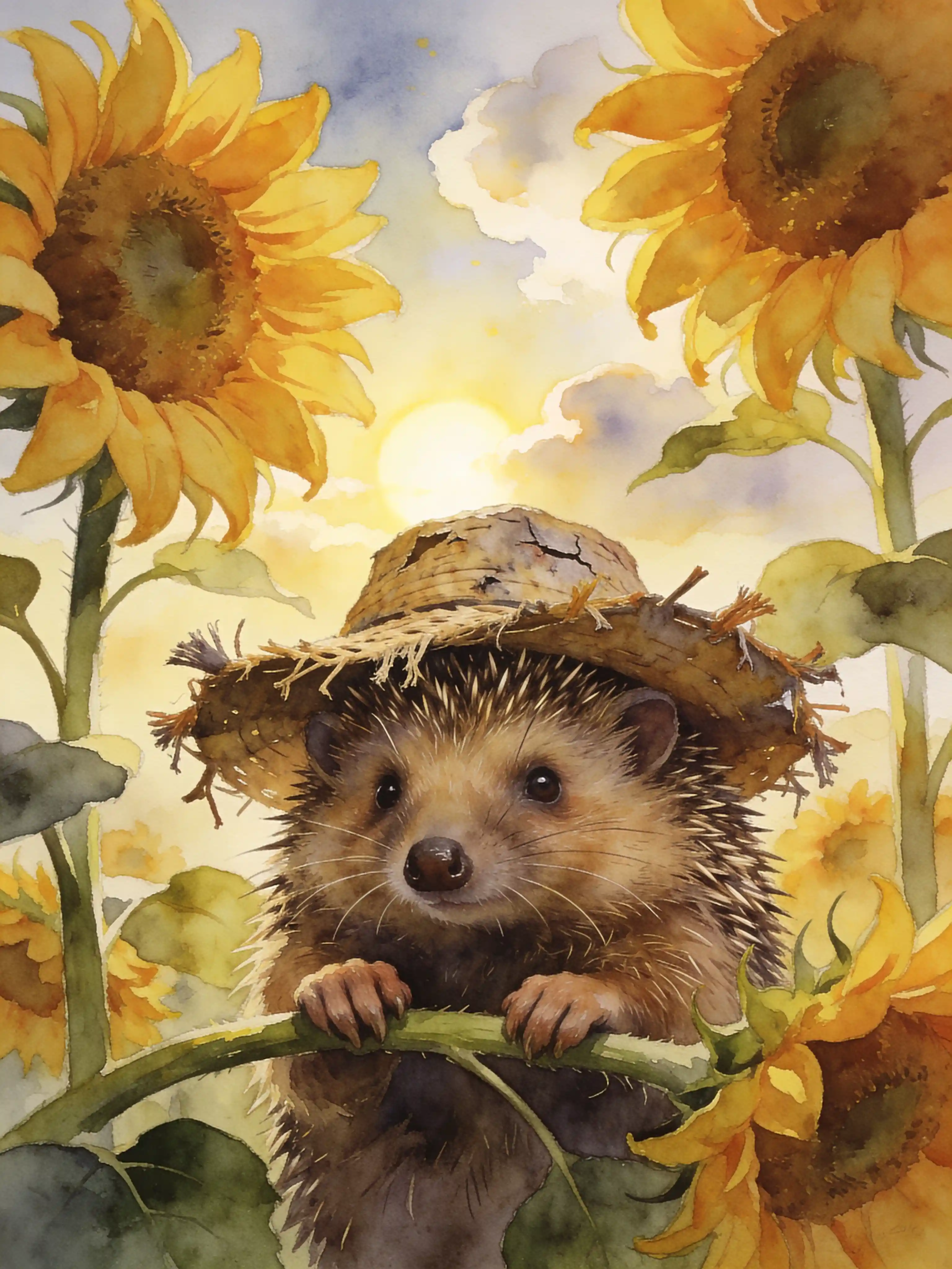 Anthropomorpher Igel zwischen Sonnenblumen an einem sonnigen Tag