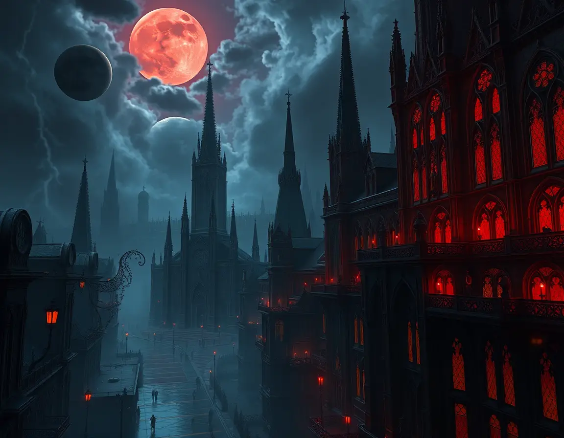 Vast gothic vampire city under a crimson moon