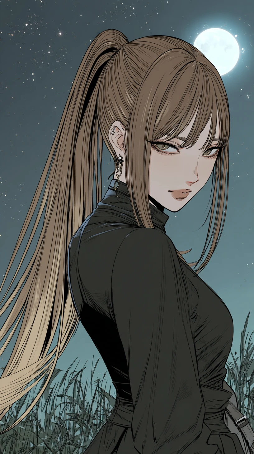 Confident anime girl in athleisure under moonlit night sky