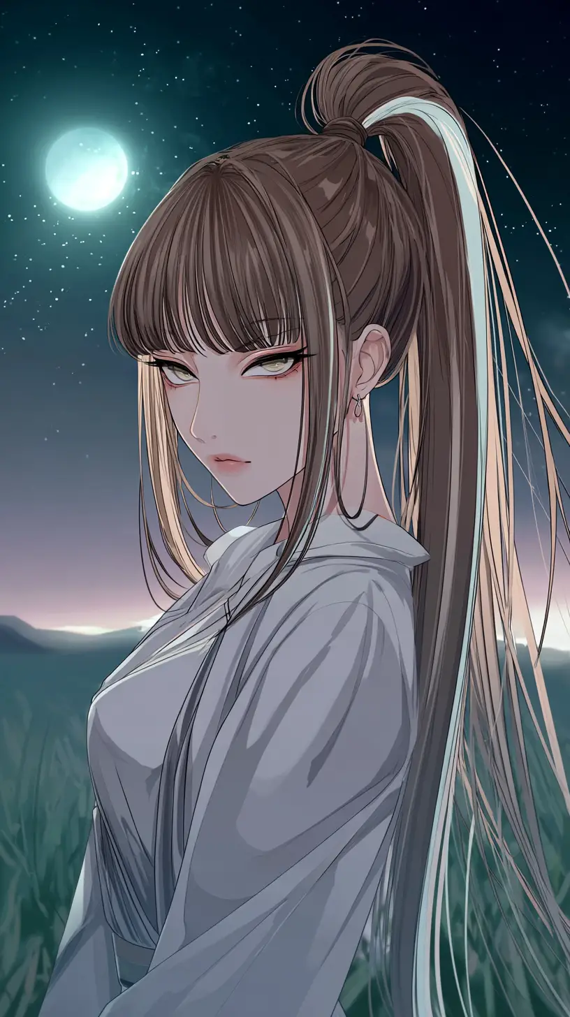 Confident anime girl in athleisure under moonlit night sky
