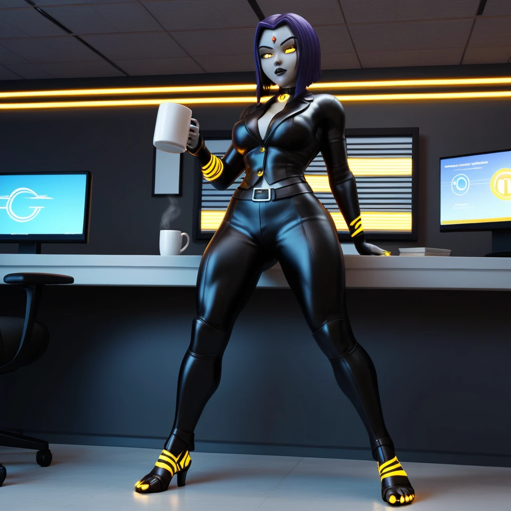 Donna anime futuristica in tuta corazzata che beve caffè in ufficio