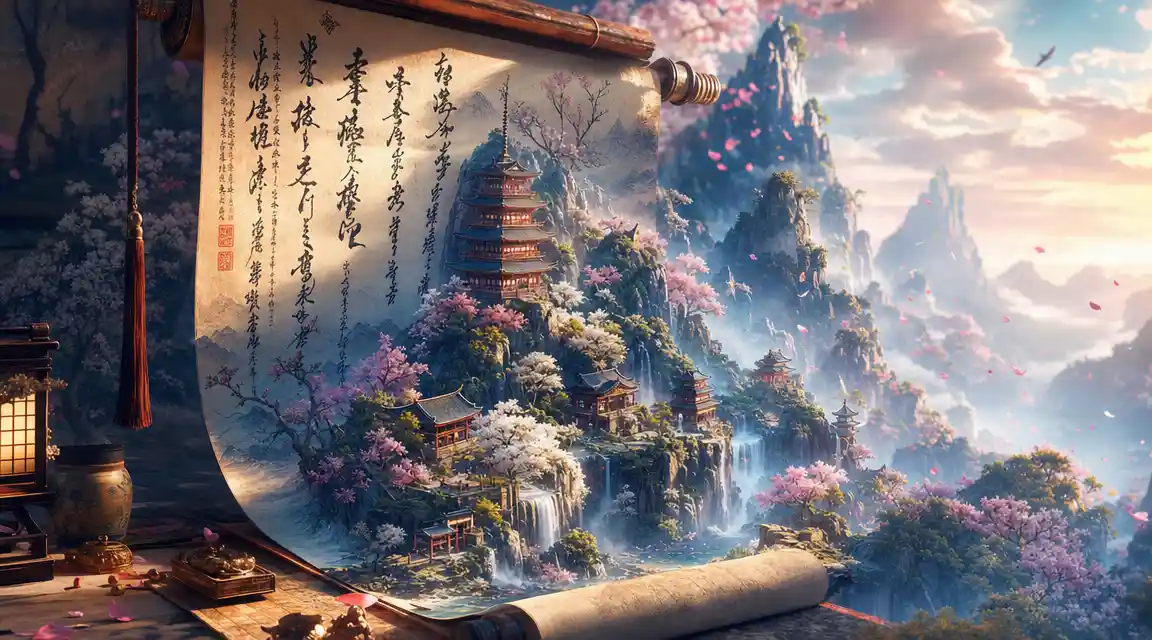 Surreal Japanese Scroll Revealing A Fantastical Palace Landscape