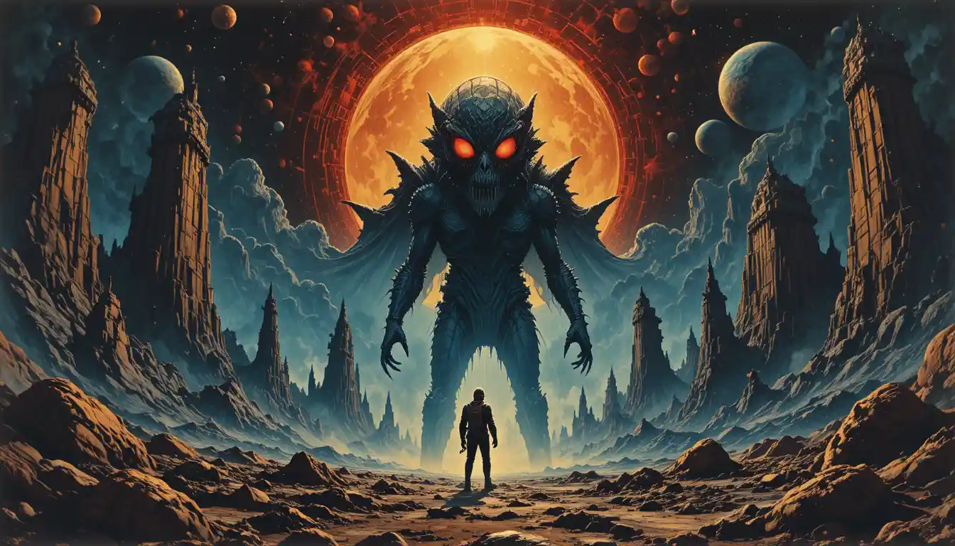 Vintage sci fi poster of monsters emerging from deep space