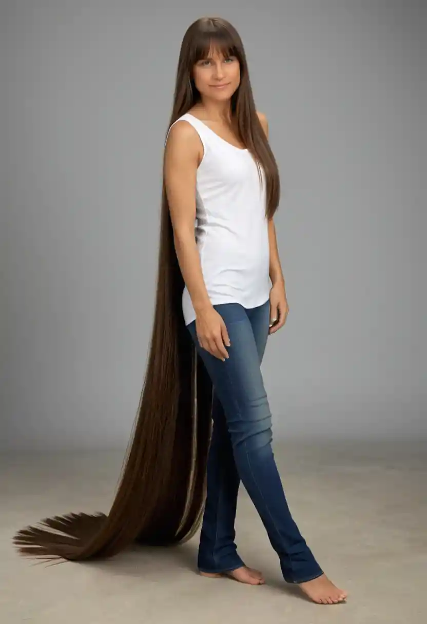 Smiling woman in wide shot with extremely long straight hair