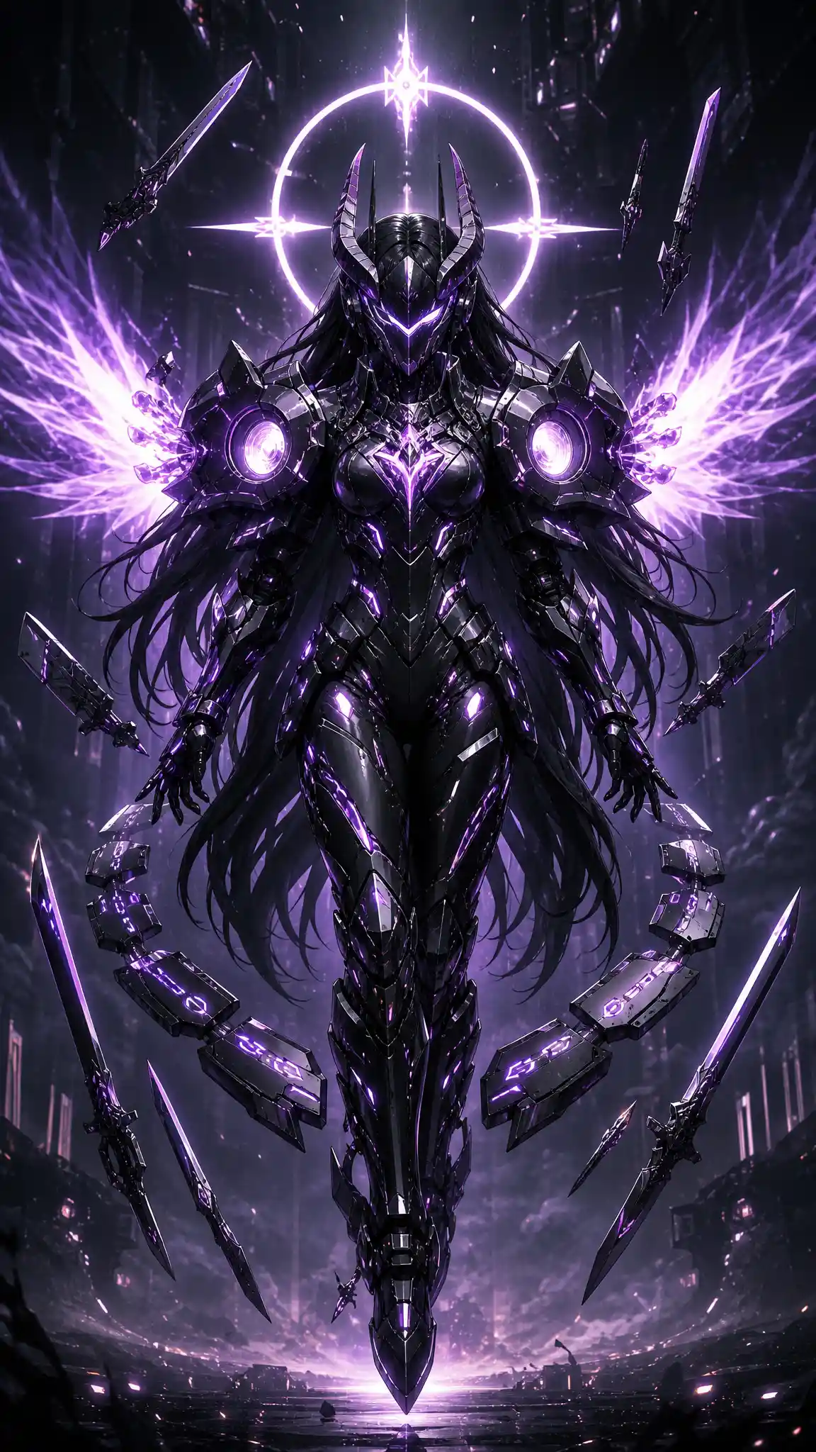 Cyberpunk armored warrior with neon halo and blade swarm