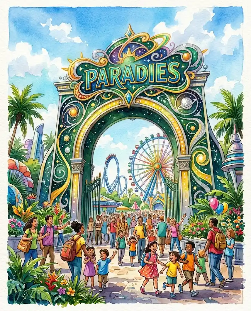 Joyful crowd at cosmic themed amusement park entrance