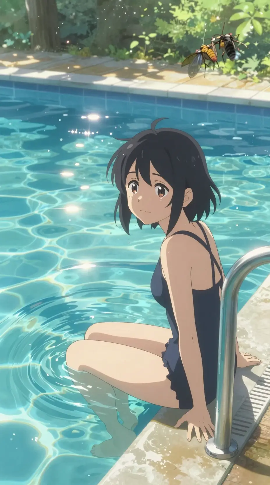 Anime-Mädchen am Schulpool im gleißenden Sommerlicht